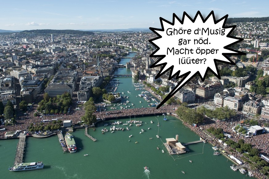 Aerial view of the annual technoparade &quot;Street Parade&quot; cheer in the city center of Zurich, Switzerland, Saturday, 13 August, 2016. (KEYSTONE/Ennio Leanza)