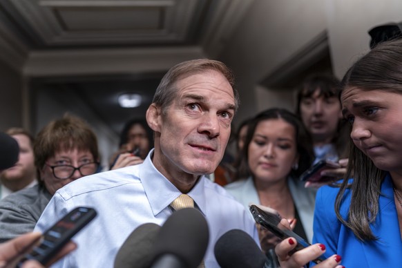 FILE - Rep. Jim Jordan, R-Ohio, chairman of the House Judiciary Committee and a staunch ally of former President Donald Trump, talks with reporters at the Capitol in Washington, Friday, Oct. 13, 2023. ...