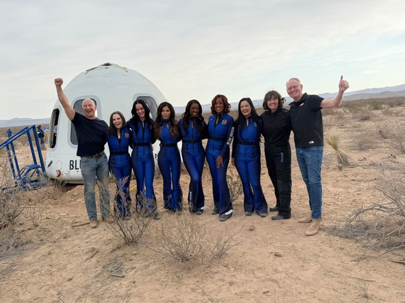 This image provided by Blue Origin shows from left: Jeff Bezos, Kerianne Flynn, Katy Perry, Lauren Sanchez, Aisha Bowe, Gayle King, Amanda Nguyen, Sarah Knights, director of Blue Origin&#039;s astrona ...