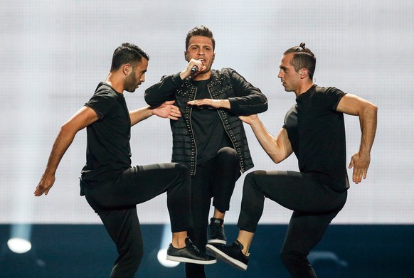 epa05959906 Hovig (C) from Cyprus performs the song &#039;Gravity&#039; during rehearsals for the Grand Final of the 62nd annual Eurovision Song Contest (ESC) at the International Exhibition Centre in ...