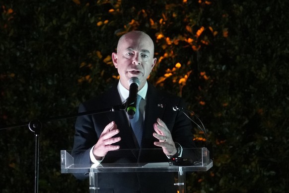 U.S. Homeland Security Secretary Alejandro Mayorkas speaks during during a reception for Ministerial Conference on Migration and Protection at Palacio Simon Bolivar, headquarters of Panama� ?s foreign ...