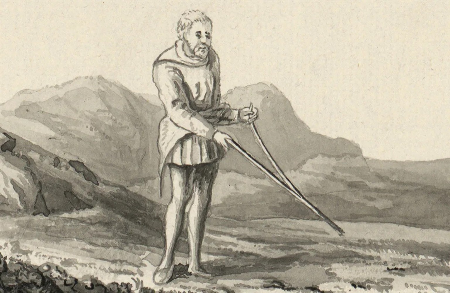 Im 18. Jahrhundert wurde oft mit Wünschelruten nach versteckten Schätzen gesucht. Illustration von Thomas Pennant, 1781.
https://commons.wikimedia.org/wiki/File:Divining_Rod.jpg