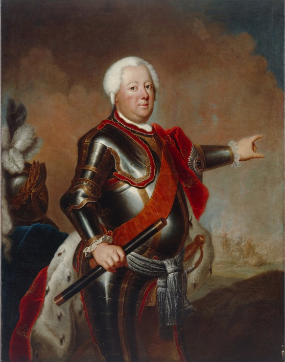HIS384437 Portrait of Frederick William I, King in Prussia, c.1733 by Pesne, Antoine (1683-1747); 146x112 cm; Deutsches Historisches Museum, Berlin, Germany; (add.info.: Friedrich Wilhelm I (1688-1740 ...