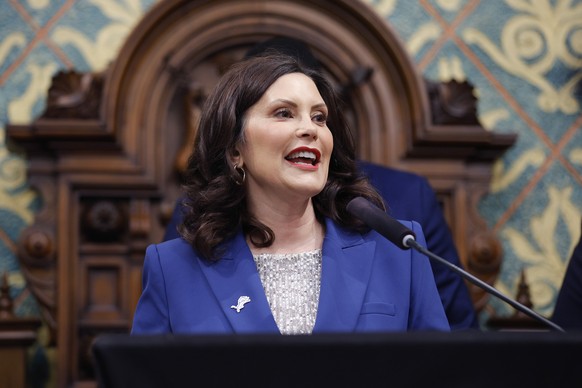 Michigan Gov. Gretchen Whitmer delivers her State of the State address, Jan. 24, 2024, at the state Capitol in Lansing, Mich. An appeals court is raising major questions about the trial of two key fig ...