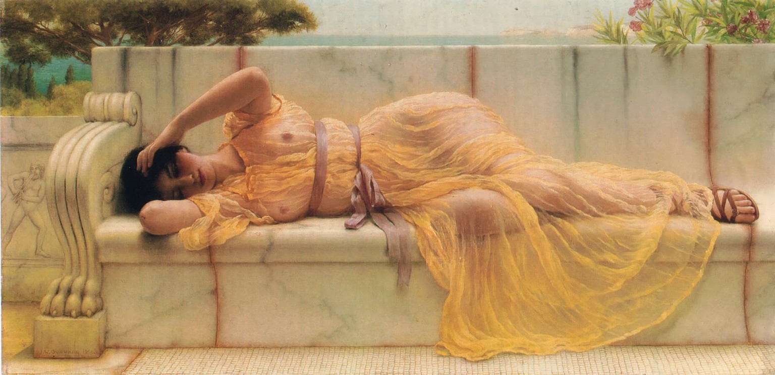 Dieses auf einer Marmorbank herumliegende Mädchen malte der von Alma-Tadema inspirierte Brite John William Godward.