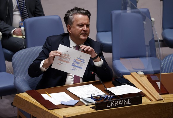 epa09776345 Ukraine Ambassador to the United Nations Sergiy Kyslytsya addresses a meeting on the situation between Ukraine and Russia at United Nations headquarters in New? York, New York, USA, 21 Feb ...