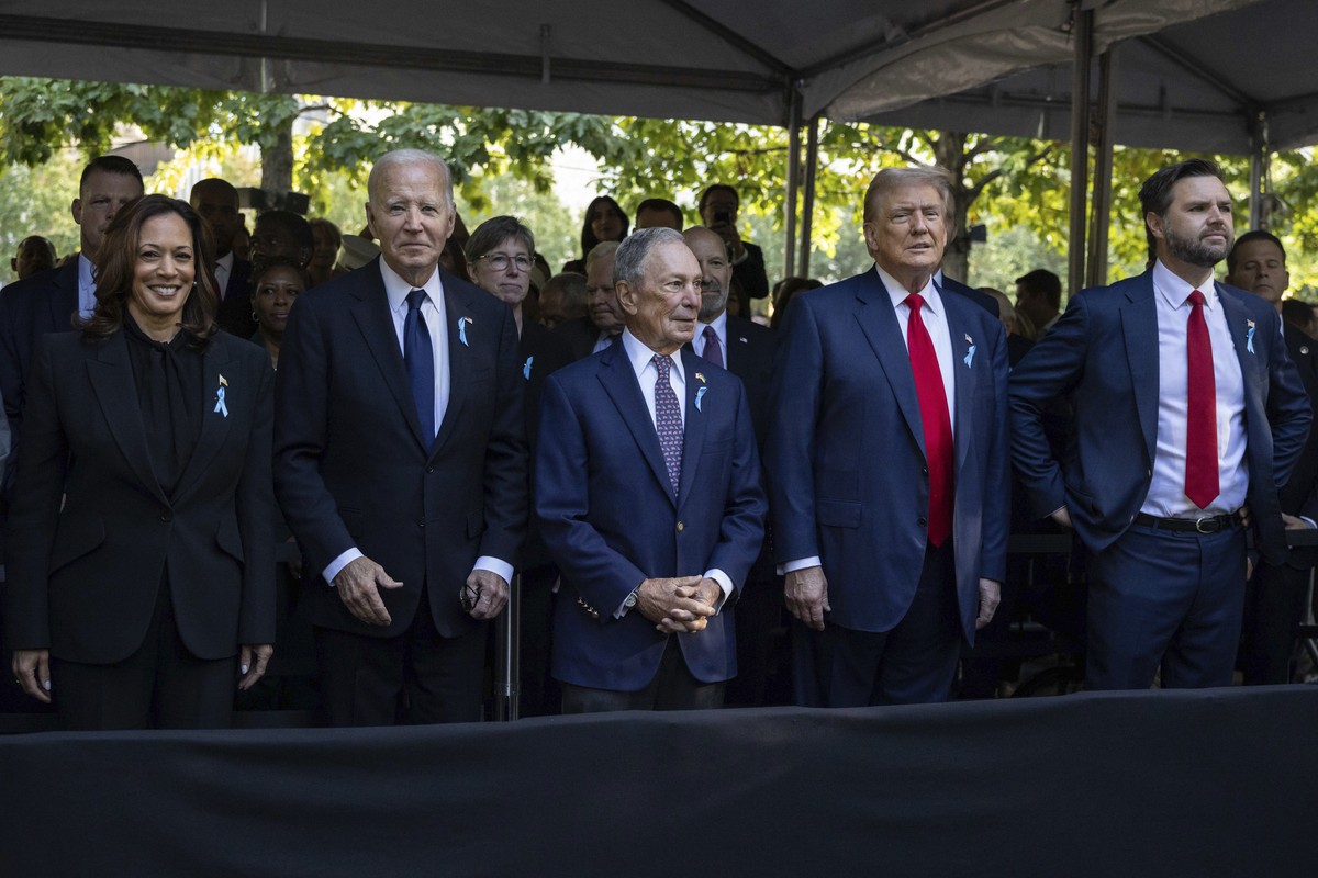 From left, Democratic presidential nominee Vice President Kamala Harris, President Joe Biden, former New York Mayor Michael Bloomberg, Republican presidential nominee former President Donald Trump and ...