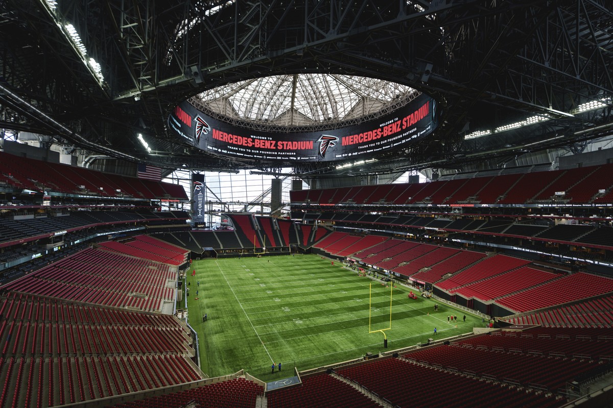 Mercedes-Benz Stadium is viewed before an Atlanta Falcons NFL training camp football practice Friday, Aug. 2, 2024, in Atlanta. (AP Photo/Jason Allen)