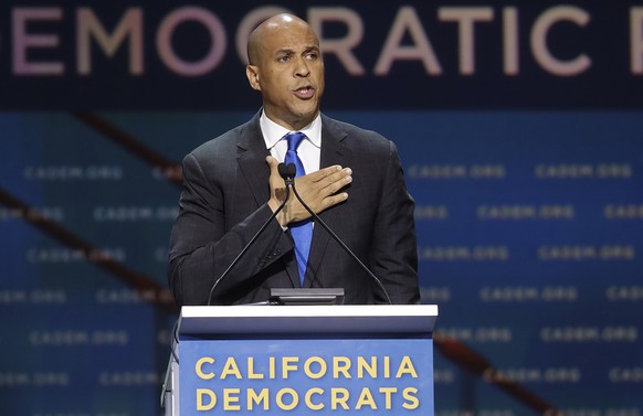 In this June 1, 2019, photo, Democratic presidential candidate Sen. Cory Booker, D-N.J., speaks during the 2019 California Democratic Party State Organizing Convention in San Francisco. Booker is rele ...