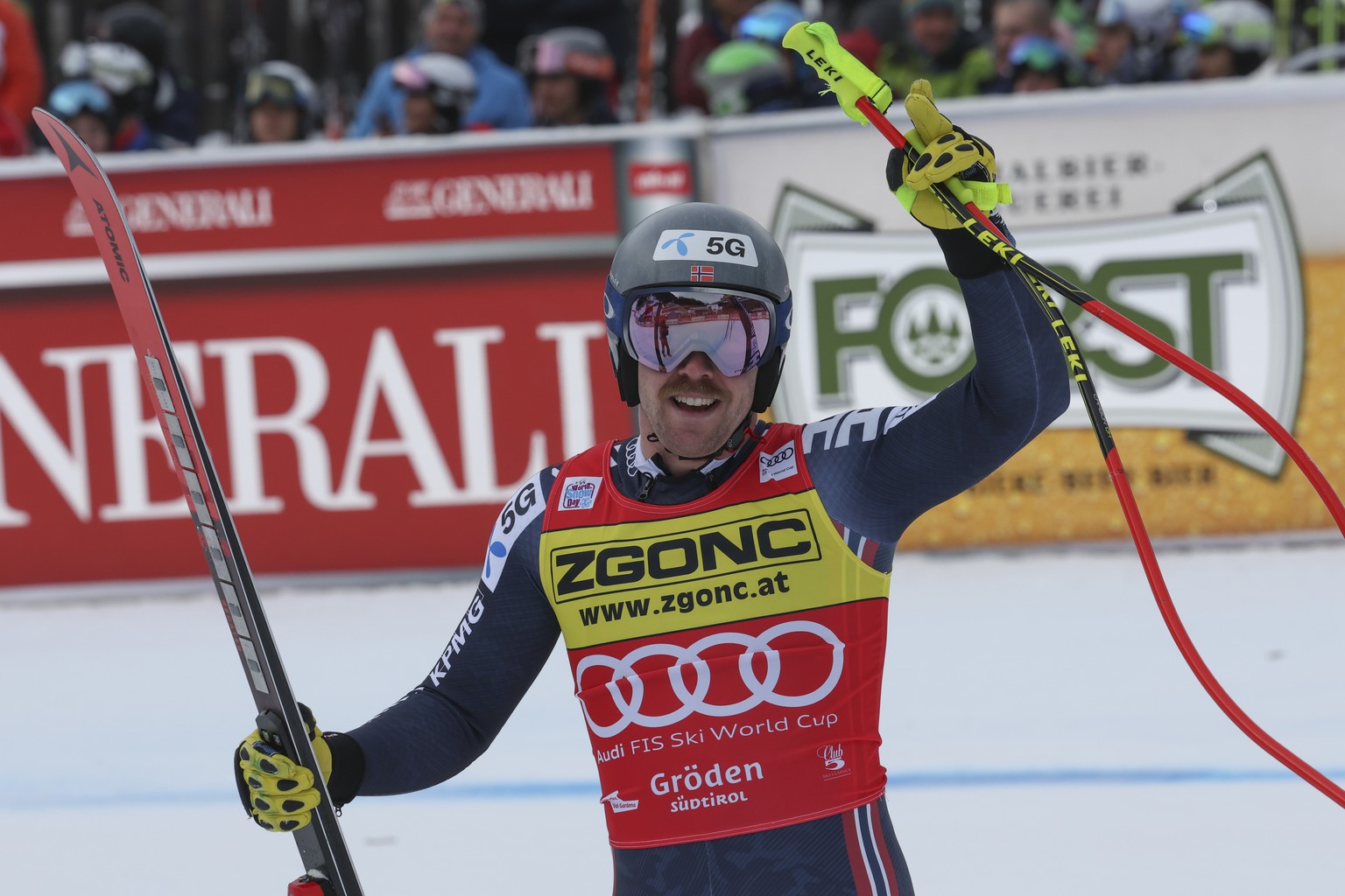 Norway&#039;s Aleksander Aamodt Kilde celebrates at the finish area of an alpine ski, men&#039;s World Cup downhill, in Val Gardena, Italy, Thursday, Dec.15, 2022. (AP Photo/Alessandro Trovati)