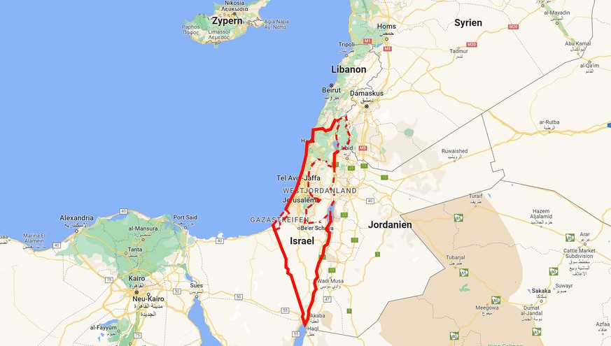 Ausgezogene Linie: unbestrittene Grenzen, unterbrochene Linie: Grenzen der vier umstrittenen Gebiete Gaza-Streifen, Westjordanland, Ostjerusalem und Golanhöhen.