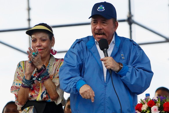 FILE - Nicaragua's President Daniel Ortega speaks to supporters as his wife and Vice President Rosario Murillo applauds, in Managua, Nicaragua, Aug. 29, 2018. (AP Photo/Alfredo Zuniga, File)
Dani ...