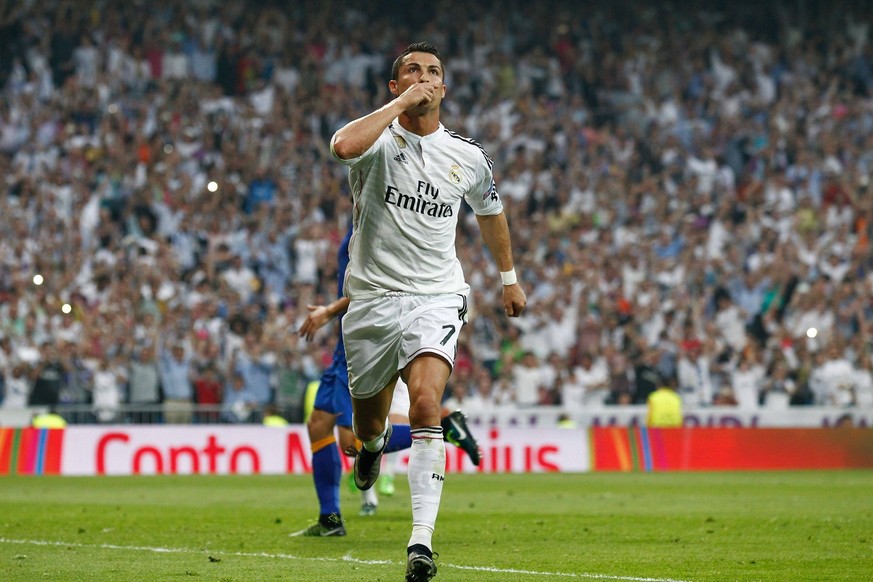 Mandatory Credit: Photo by Ruben Albarran/Shutterstock 4770375g Real Madrid s Portuguese forward Cristiano Ronaldo celebrating after scoring Real Madrid v Juventus, UEFA Champions League Semi Final, S ...