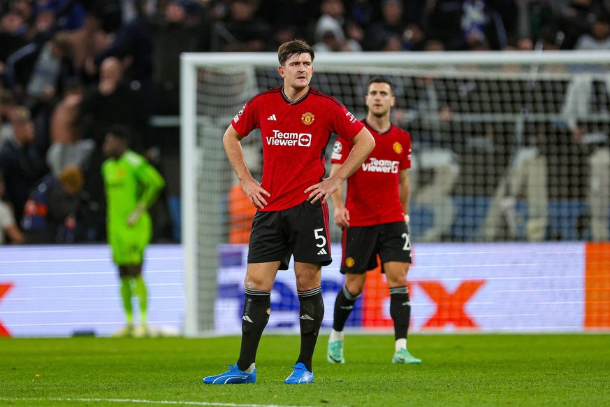 FC Copenhagen v Manchester United, ManU Champions League 08/11/2023. Harry Maguire 5 of Manchester United looks dejected after FC Copenhagen scores from the penalty spot during the Champions League ma ...