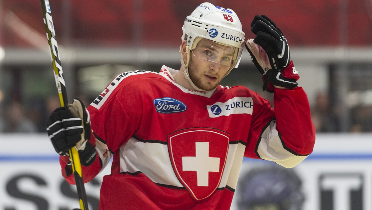 Switzerland's Andrea Glauser in action, during the friendly Ice Hockey match between Switzerland and Latvia in Weinfelden, Switzerland, Saturday, 04, May 2019. (KEYSTONE/Walter Bieri)