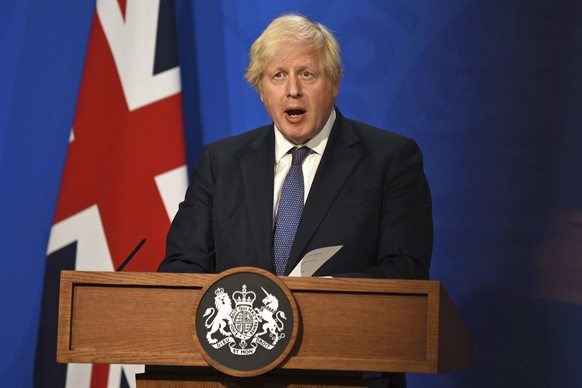 Britain&#039;s Prime Minister Boris Johnson speaks during a media briefing in Downing Street, London, Monday, July 12 2021. BritainÄôs health secretary has confirmed that all remaining lockdown restr ...