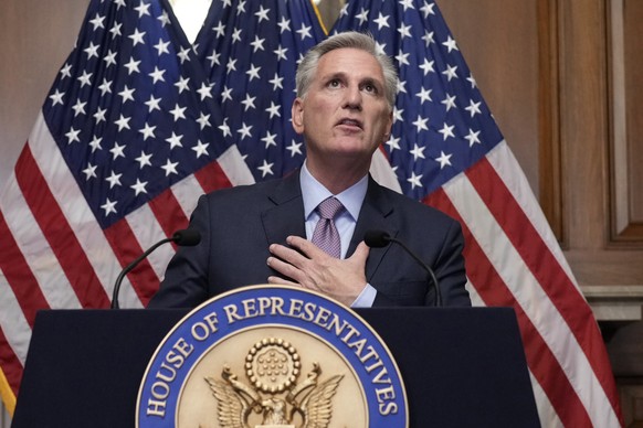 Rep. Kevin McCarthy, R-Calif., speaks to reporters hours after he was ousted as Speaker of the House, Tuesday, Oct. 3, 2023, at the Capitol in Washington. (AP Photo/J. Scott Applewhite)
Kevin McCarthy