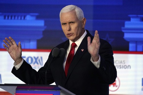 Former Vice President Mike Pence speaks during a Republican presidential primary debate hosted by FOX Business Network and Univision, Wednesday, Sept. 27, 2023, at the Ronald Reagan Presidential Libra ...