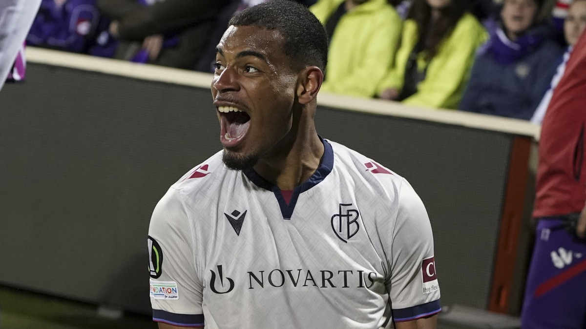 FC Basel 1893's Andy Diouf celebrates after scoring 1-1 goal during a Conference League first leg semifinal soccer match between FC Basel 1893 and ACF Fiorentina, at Artemio Franchi Stadium, in F ...