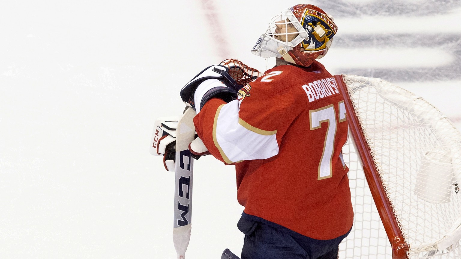 Florida Panthers goaltender Sergei Bobrovsky (72) looks up after a goal by the New York Islanders during the third period of the NHL hockey game in Toronto, Friday, Aug. 7, 2020. (Chris Young/The Cana ...