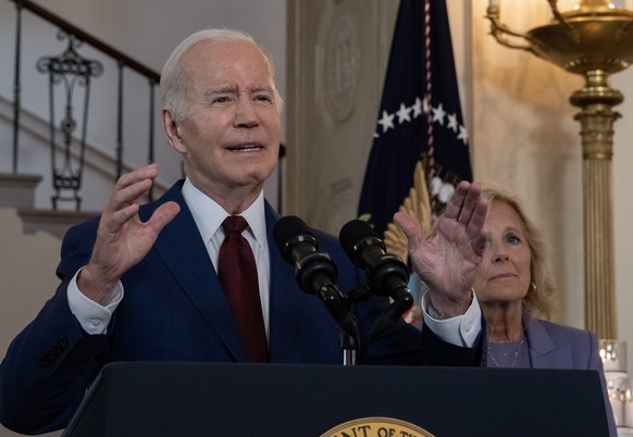 epa10651339 US President Joe Biden accompanied by First Lady Dr.  Jill Biden, makes remarks on the one-year anniversary of the shooting at Robb Elementary School in Uvalde, Texas, where…