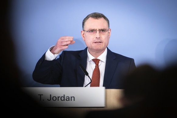 Swiss National Bank&#039;s (SNB) Chairman of the Governing Board Thomas Jordan speaks during a media briefing of the Swiss National Bank in Zurich, Switzerland, on Thursday, March 23, 2023. (KEYSTONE/ ...