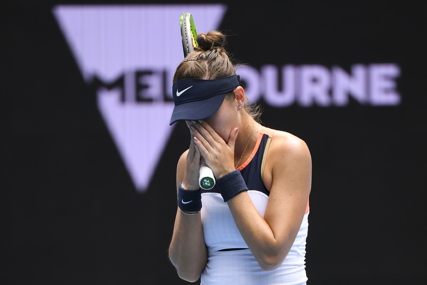 epa09002681 Belinda Bencic of Switzerland celebrates after winning her second Round Women&#039;s singles match against Svetlana Kuznetsova of Russia on Day 4 of the Australian Open Grand Slam tennis t ...