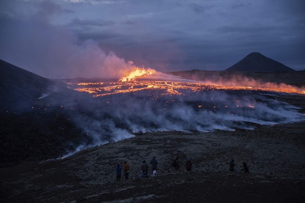 Lava emerges from a fissure of the Fagradalsfjall volcano near the Litli-Hr