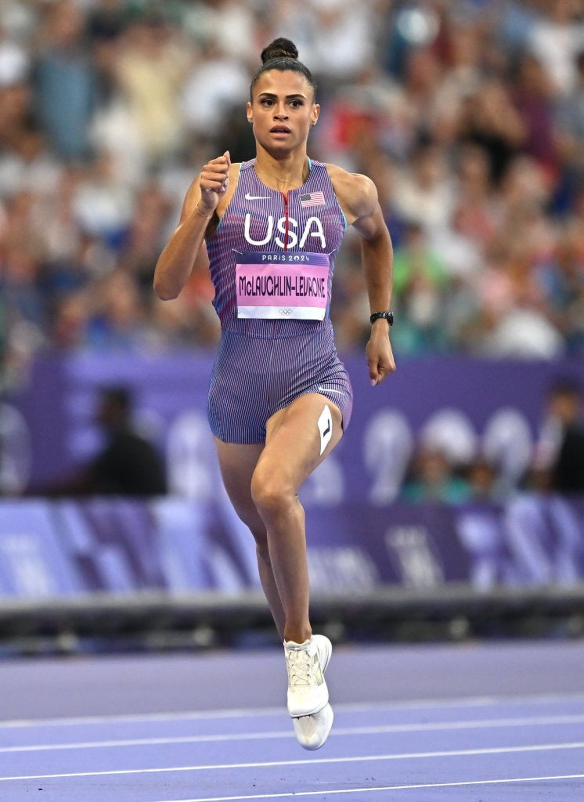 Paris , France - 6 August 2024; Sydney McLaughlin-Levrone of Team United States on her way to winning her women's 400m hurdles semi-final at the Stade de France during the 2024 Paris Summer Olymp ...