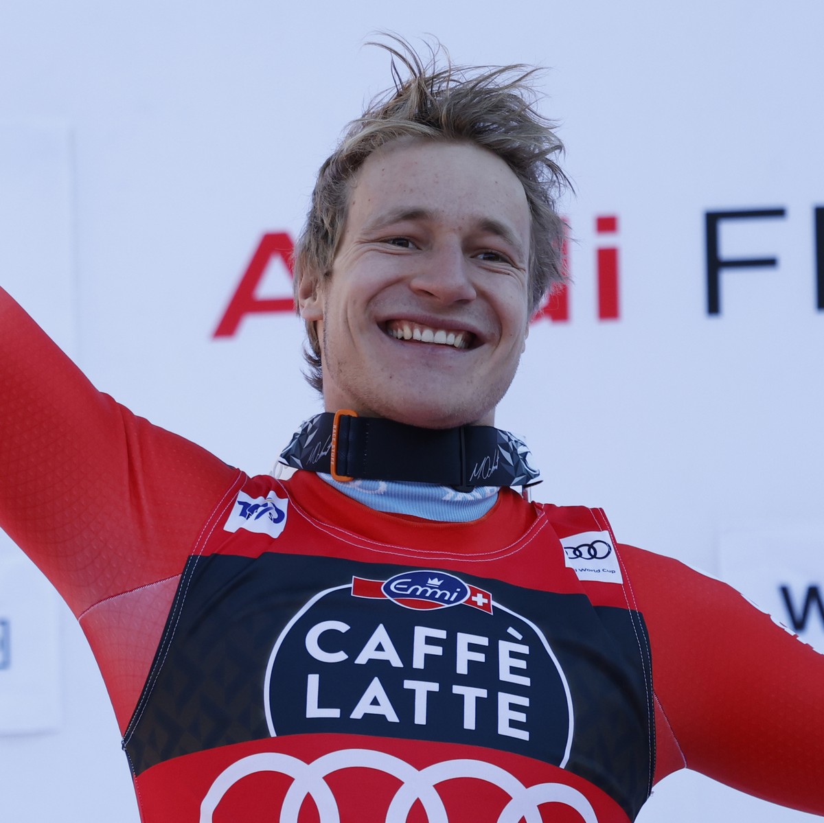 The winner Switzerland's Marco Odermatt celebrates after completing an alpine ski, men's World Cup downhill race, in Wengen, Switzerland, Saturday, Jan. 13, 2024. (AP Photo/Alessandro Trovat ...