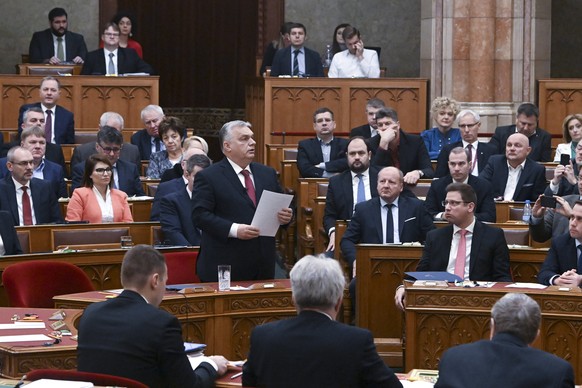 Hungary&#039;s Prime Minister Viktor Orban speaks in parliament, in Budapest, Hungary, Dec. 13, 2023. Hungary&#039;s prime minister says his government will block a proposal to start talks on European ...