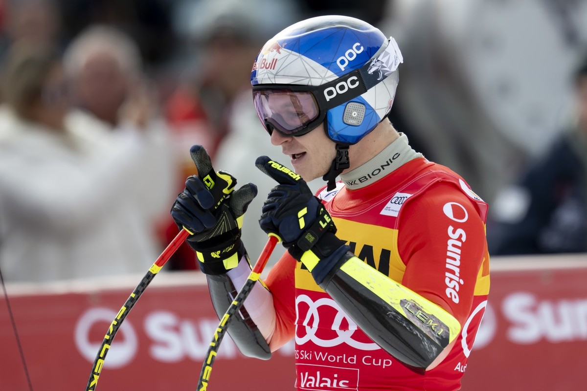 Marco Odermatt of Switzerland reacts in the finish area during the men's Super-G race at the Alpine Skiing FIS Ski World Cup, in Crans-Montana, Switzerland, Sunday, February 23, 2025. (KEYSTONE/A ...