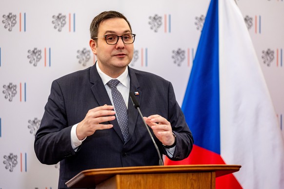 epa12034583 Czech Foreign Minister Jan Lipavsky addresses a joint press conference following a meeting with Spanish Minister for Foreign Affairs Jose Manuel Albares (not pictured) at the Czernin Palac ...