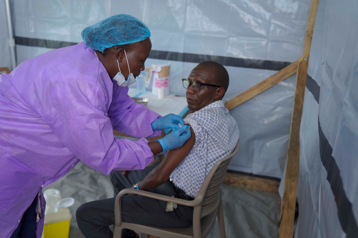 A health workers administers a dose of the Tumaini vaccine against Ebola virus, in Ituri, Congo, Friday, Oct. 23, 2026. (AP Photo/Dieudonne Dirole)
Congo Ebola
