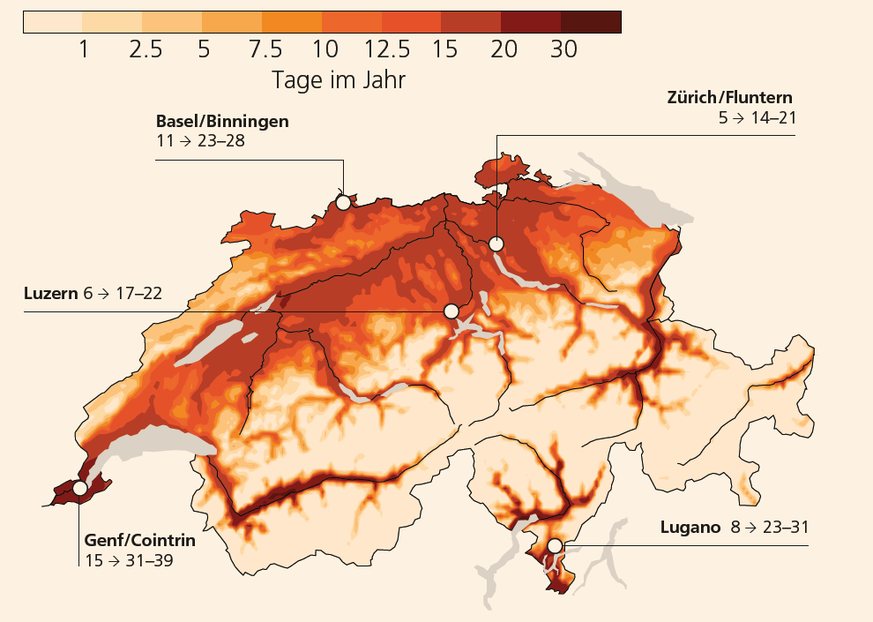 Ohne Klimaschutz erwartete Änderungen der Anzahl Tage mit Temperaturen über 30 Grad Celsius um 2060 gegenüber 1981-2019.