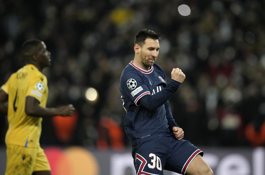 PSG&#039;s Lionel Messi celebrates after scoring his side&#039;s fourth goal during the Champions League Group A soccer match between PSG and Club Brugge at the Parc des Princes stadium in Paris, Fran ...