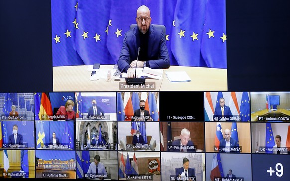 FILE - In this Thursday, Oct. 29, 2020 file photo, European Council President Charles Michel speaks with EU leaders during an EU Summit video conference at the European Council building in Brussels, t ...