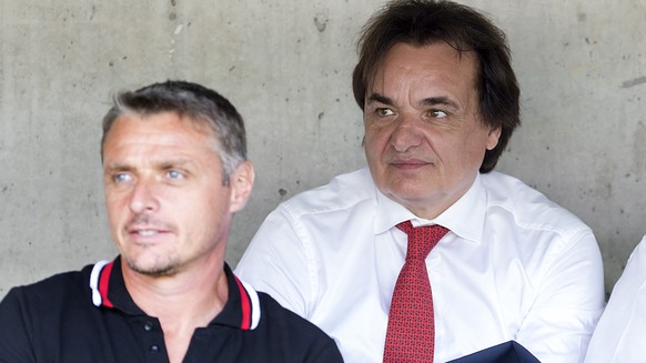 Sion&#039;s head coach Sebastien Fournier, left, and president Christian Constantin, right, during the Swiss Cup final soccer match between FC Basel 1893 and FC Sion at the stade de Geneve stadium, in ...