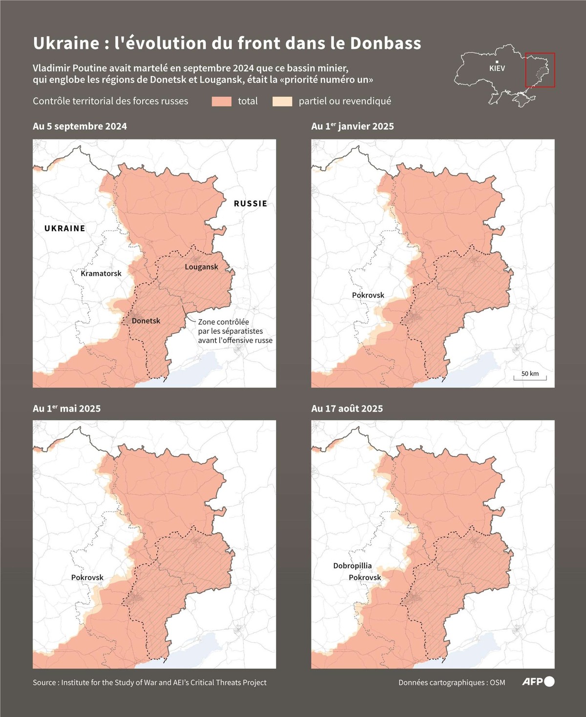 Cartes montrant l'évolution des zones contrôlées par les forces russes dans le Donbass, à quatre dates entre le 5 septembre 2024 et le 17 août 2025.