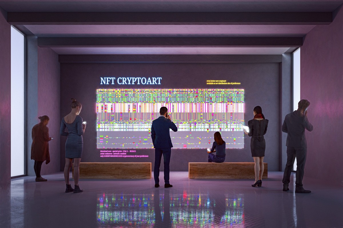 NFT CryptoArt display in art gallery with people using smart phones and digital tablets. Entrirely 3D generated image. Image on the walls is my own and it's a 3D generated images as well.