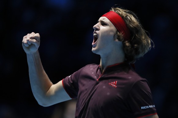 Alexander Zverev of Germany celebrates winning a point after he plays a return to Marin Cilic of Croatia during their singles tennis match at the ATP World Finals at the O2 Arena in London, Sunday, No ...