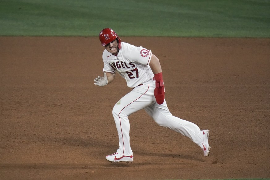 Los Angeles Angels&#039; Mike Trout runs to second base for a steal during the fifth inning of a baseball game against the Los Angeles Dodgers, Friday, May 7, 2021, in Anaheim, Calif. (AP Photo/Jae C. ...