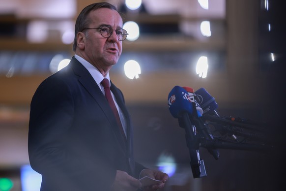 epa11728509 German Defense Minister Boris Pistorius speaks prior meeting of the defence segment of the European Foreign Affairs Council, in Brussels, Belgium, 19 November 2024. The Council will discus ...