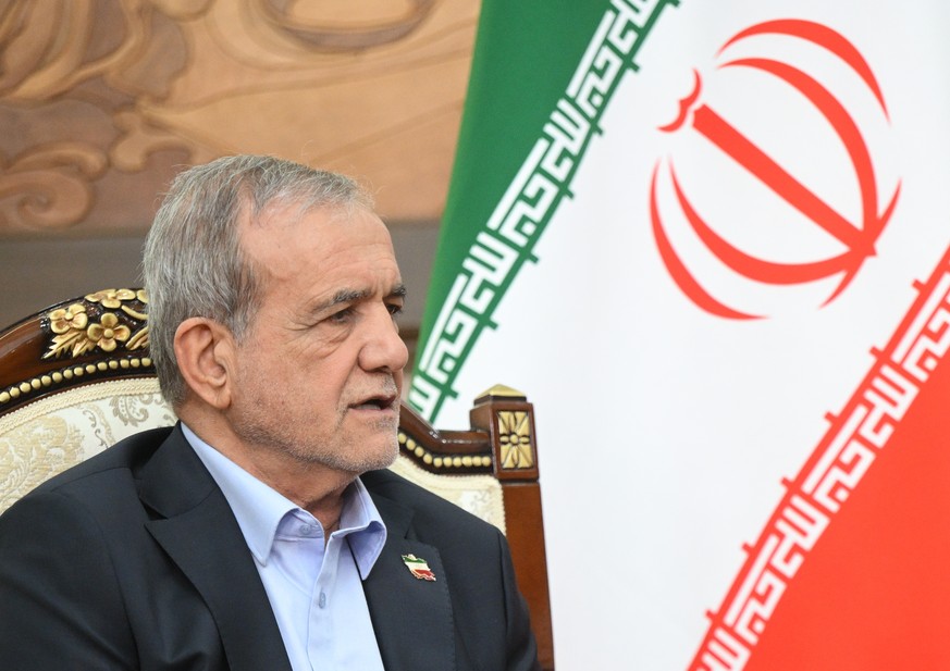 epa13204552 Iranian President Masoud Pezeshkian attends a meeting with Russian President Vladimir Putin on the sidelines of the Shanghai Cooperation Organization (SCO) summit in Bishkek, Kyrgyzstan, 0 ...