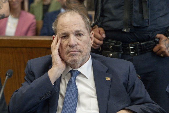 Harvey Weinstein appears at Manhattan criminal court for a preliminary hearing on Wednesday, May 1, 2024 in New York. Weinstein made first appearance since his 2020 rape conviction was overturned by a ...