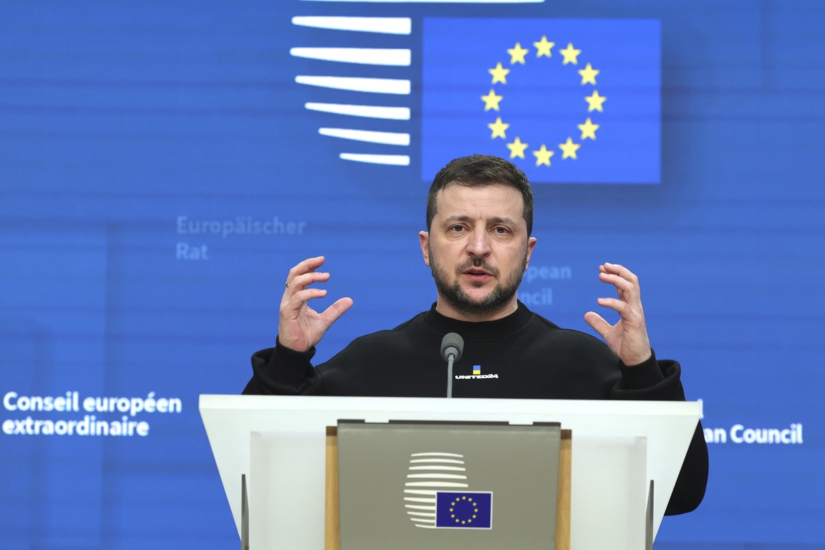 Ukraine's President Volodymyr Zelenskyy addresses a media conference at an EU summit in Brussels on Thursday, Feb. 9, 2023. European Union leaders are meeting for an EU summit to discuss Ukraine  ...