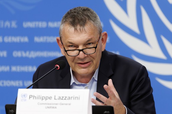 epa11309767 Philippe Lazzarini, Commissioner General of the United Nations Relief and Works Agency for Palestine Refugees in the Near East (UNRWA), presents an update on the situation of the occupied  ...