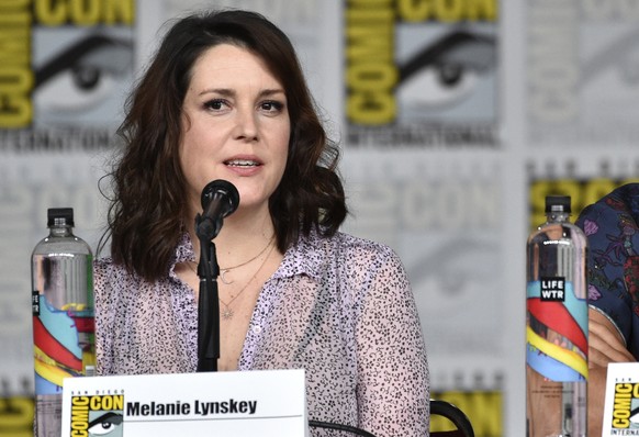 Melanie Lynskey, left, speaks as Bill Skarsgard looks on a panel discussion following the world premiere of &quot;Castle Rock&quot; on day two of Comic-Con International on Friday, July 20, 2018, in S ...