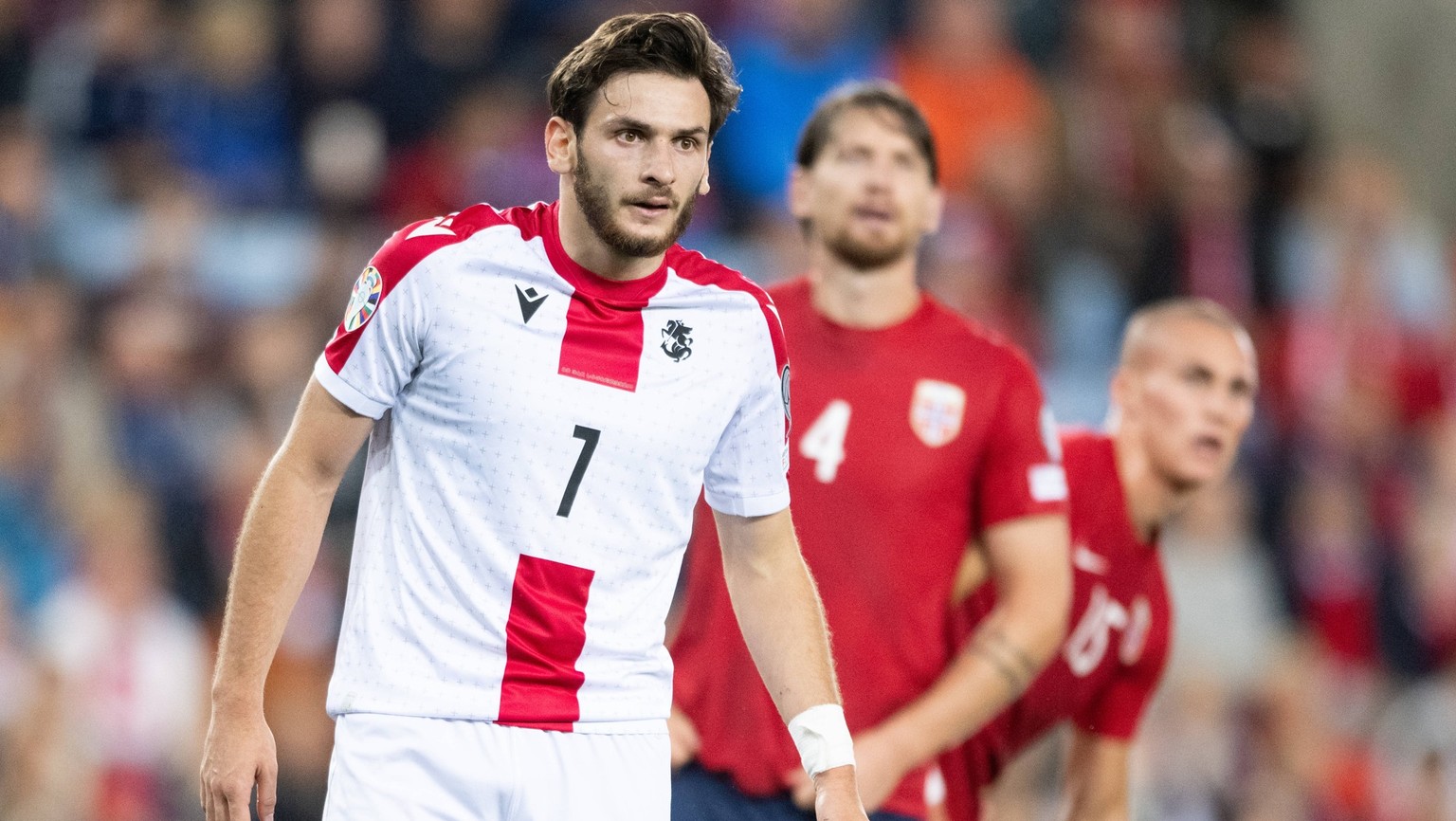 Norway v Georgia, UEFA EURO, EM, Europameisterschaft,Fussball 2024 Qualification, Oslo, Norway Oslo, Norway. 12th, September 2023. Khvicha Kvaratskhelia 7 of Georgia seen during the UEFA Euro 2024 qua ...
