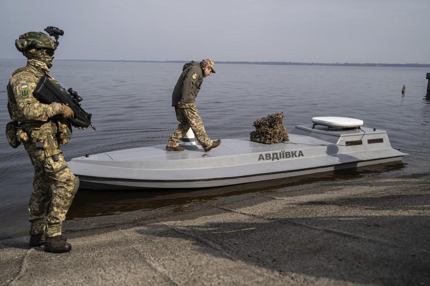 &quot;Hunter, &quot;a brigadier general from Ukraine&#039;s Military Counter-Intelligence walks on a new released Sea Baby drone &quot;Avdiivka&quot; during the presentation by Ukraine&#039;s Security ...